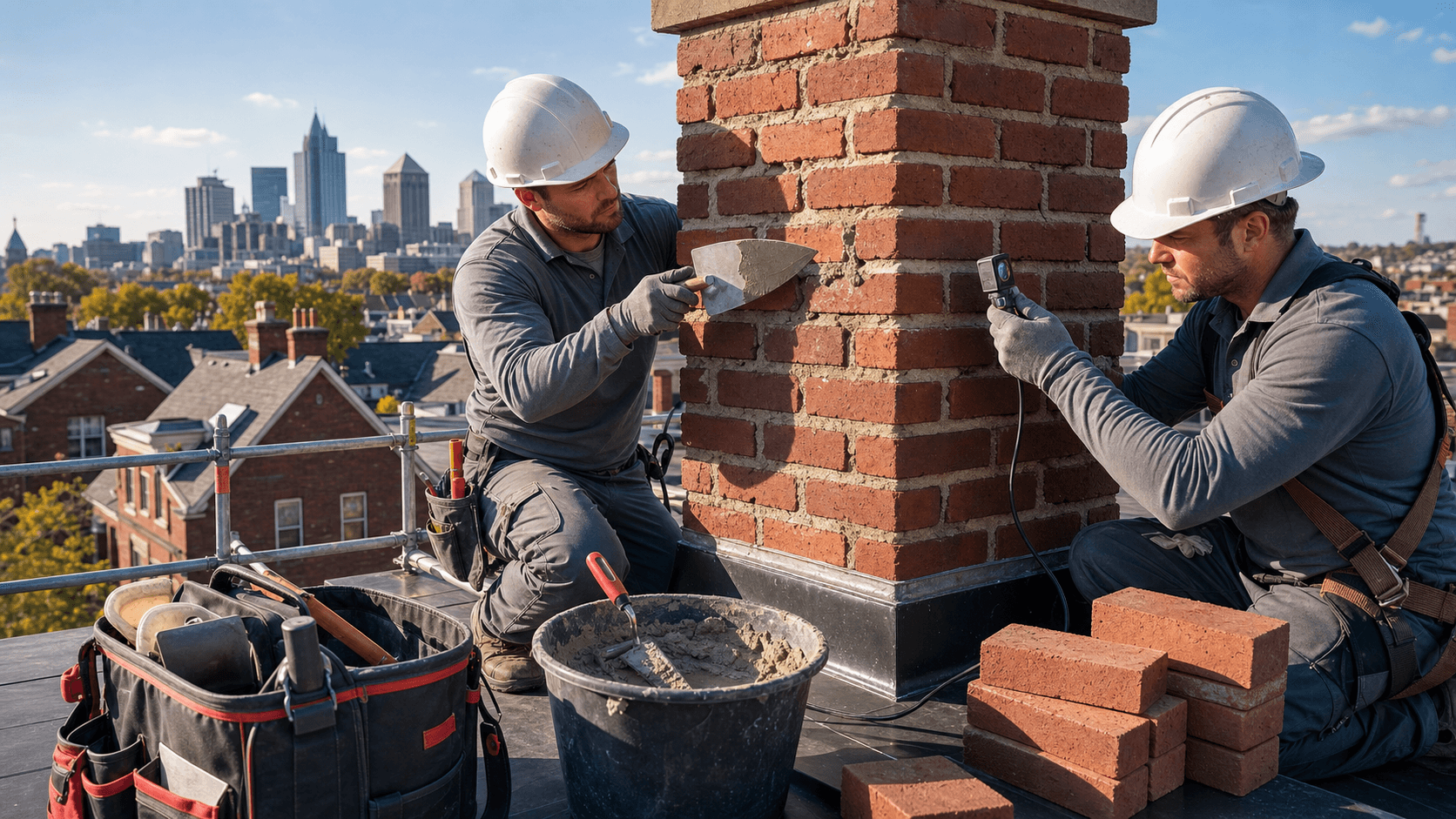Brick chimney on a house roof with visible cracks and repaired mortar, lit by warm sunlight against a blue sky