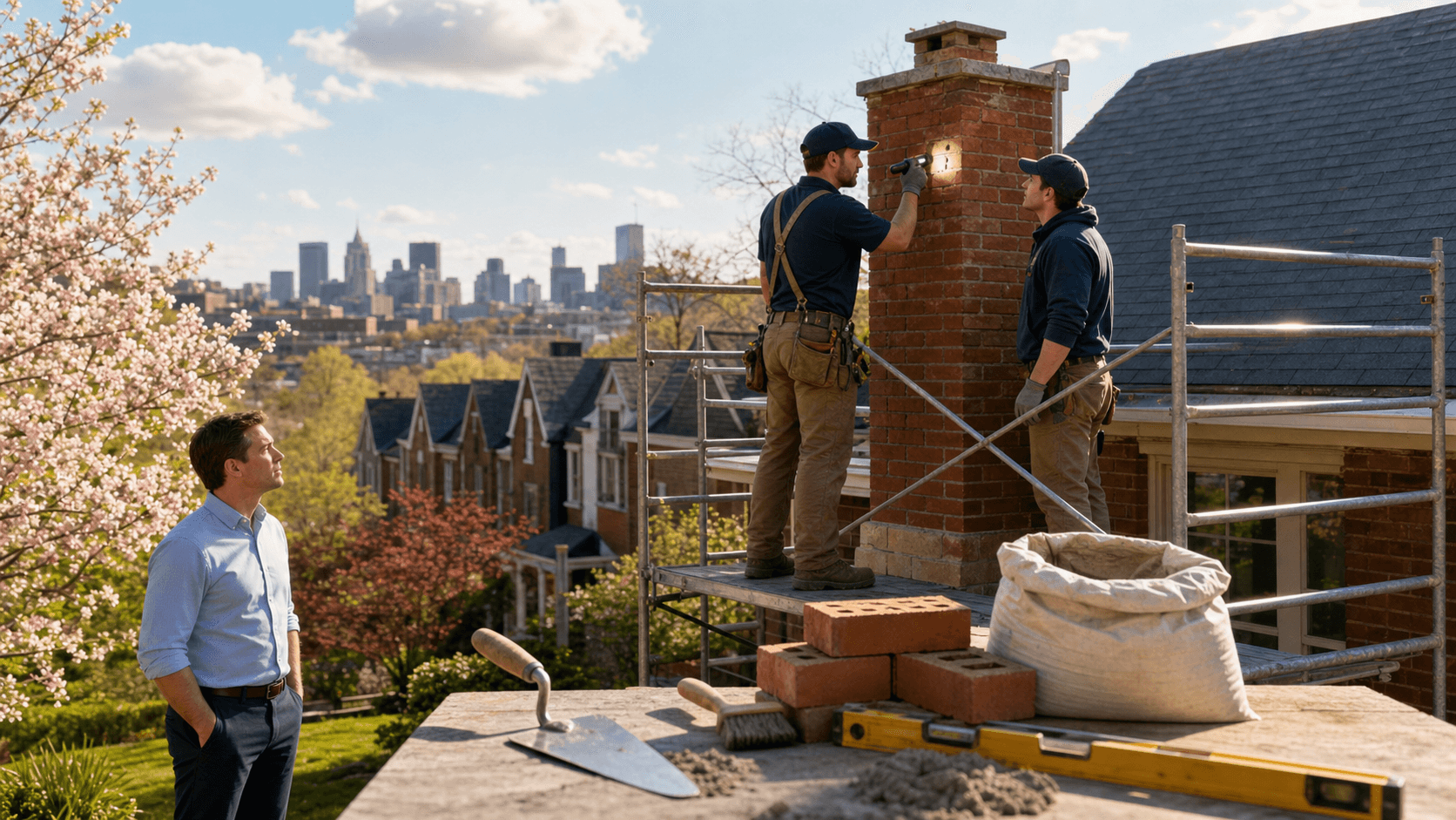 Brick chimney on a Pittsburgh rowhouse roof, mason inspecting mortar with trowel under cloudy daylight sky