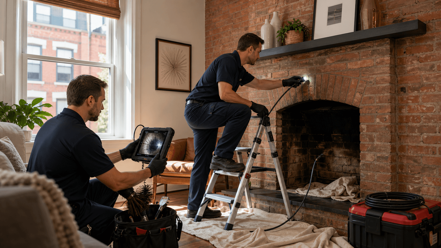 Inspector with flashlight examines a brick chimney flue indoors, warm light highlighting soot-stained masonry.