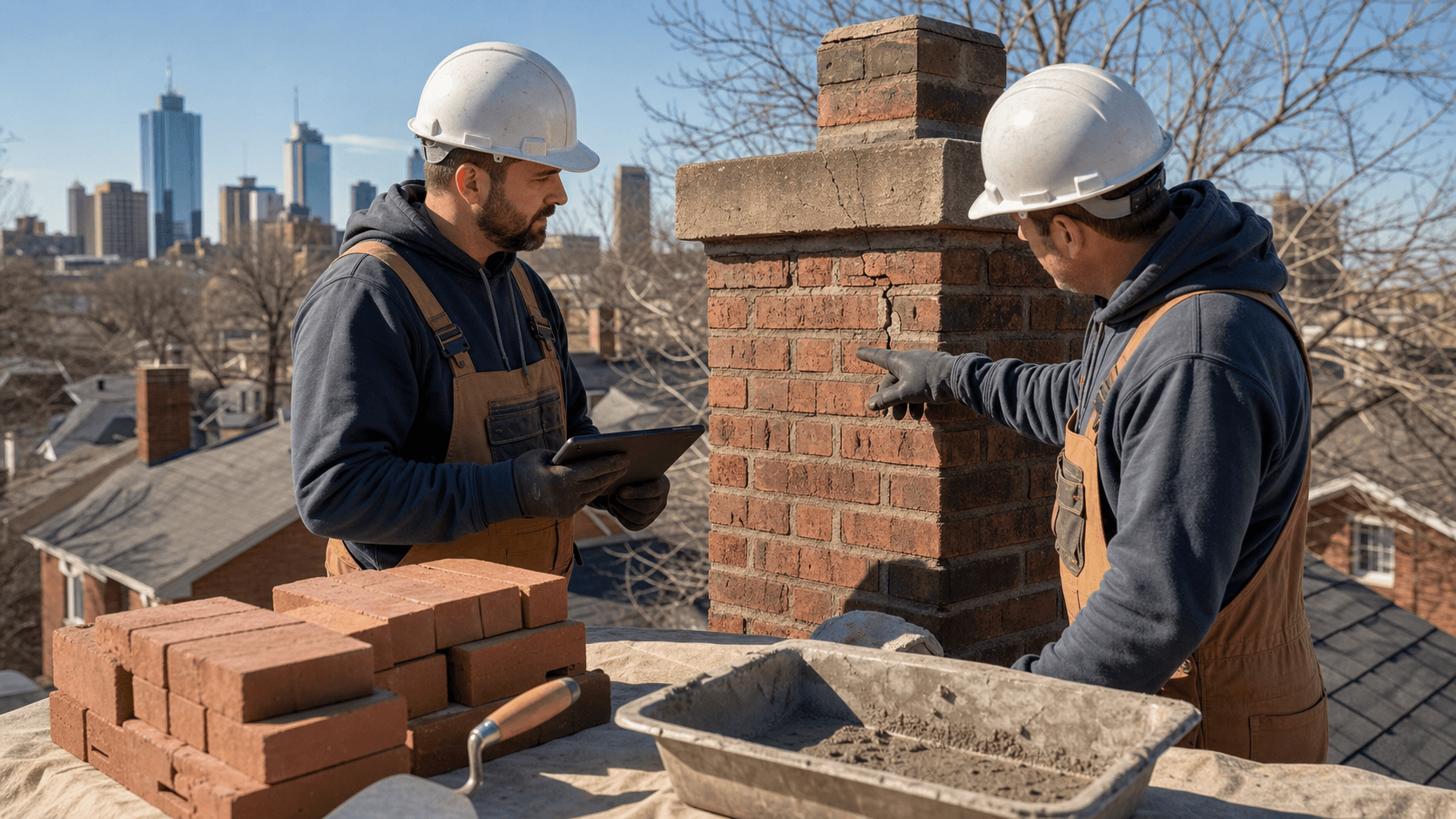 Snow-dusted brick chimney with cracked mortar on a Pittsburgh rooftop under a gray winter sky, close-up view