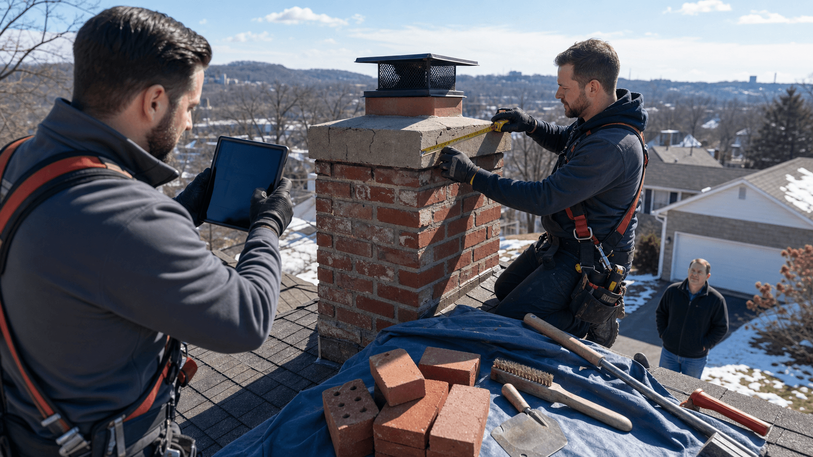 Brick chimney on a snow-dusted roof at sunset, with cracked mortar and a ladder leaning against the house