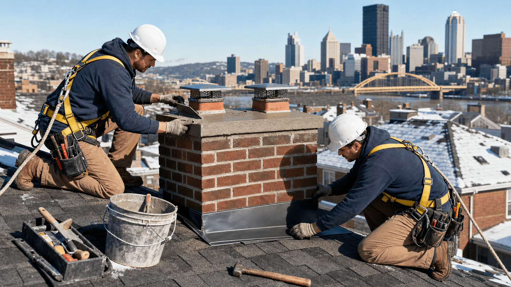 Brick chimney with metal flashing and a cracked concrete crown on a snowy roof under a gray winter sky