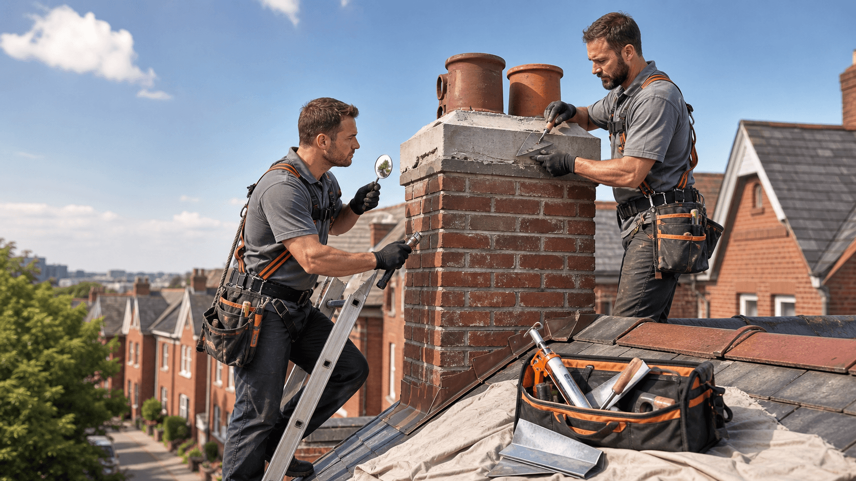 Worker seals a brick chimney on an older red-brick house roof under cloudy daylight, with tools and mortar visible