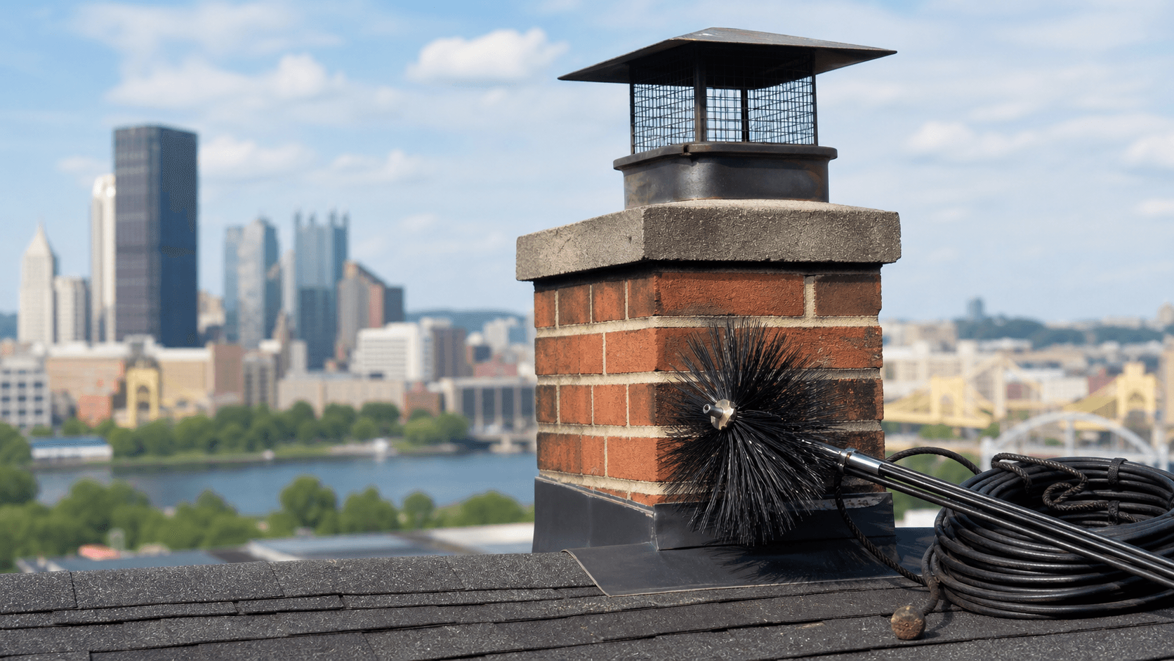 Chimney sweep in a hard hat inspects a brick fireplace with a flashlight, soot-stained tools on a tarp.